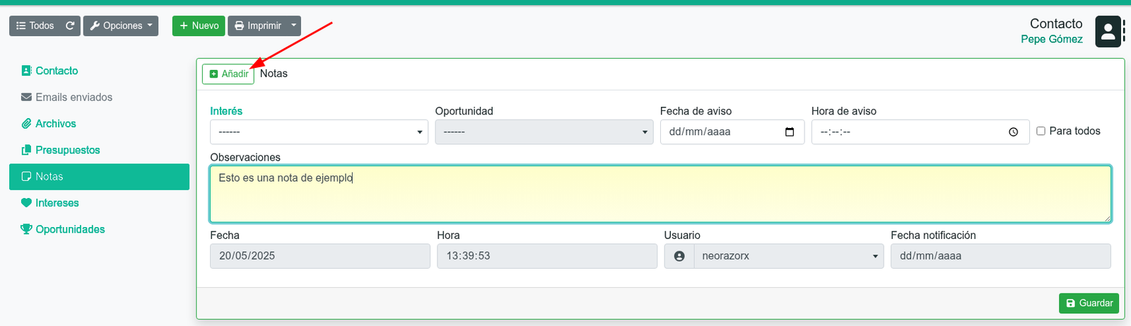 Cómo añadir notas y recordatorios a contactos