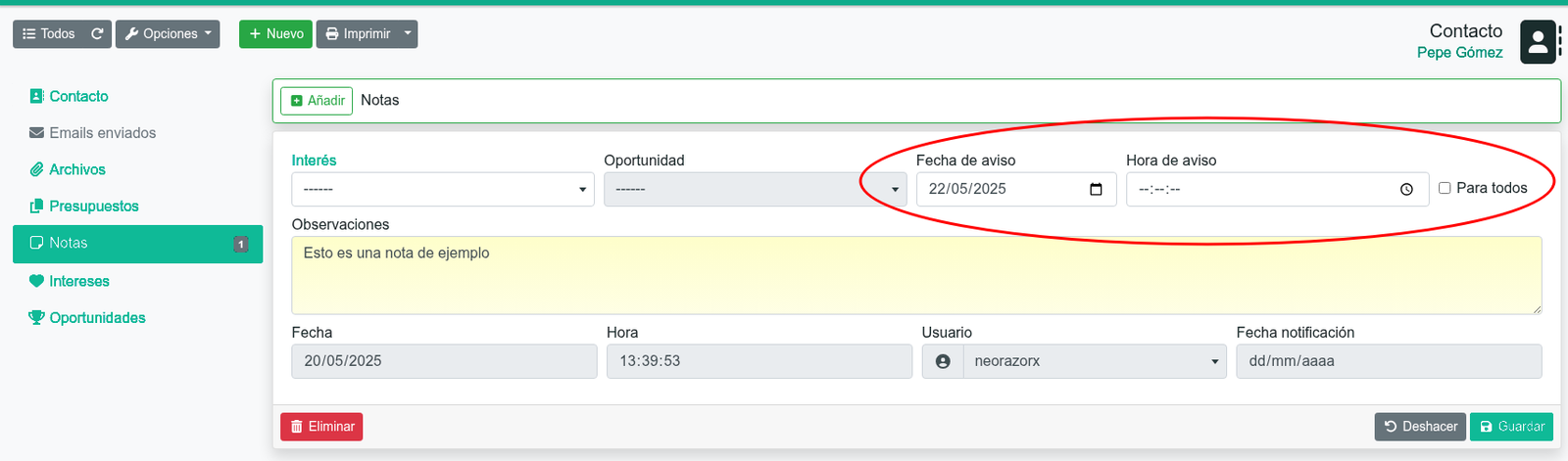 Cómo añadir notas y recordatorios a contactos