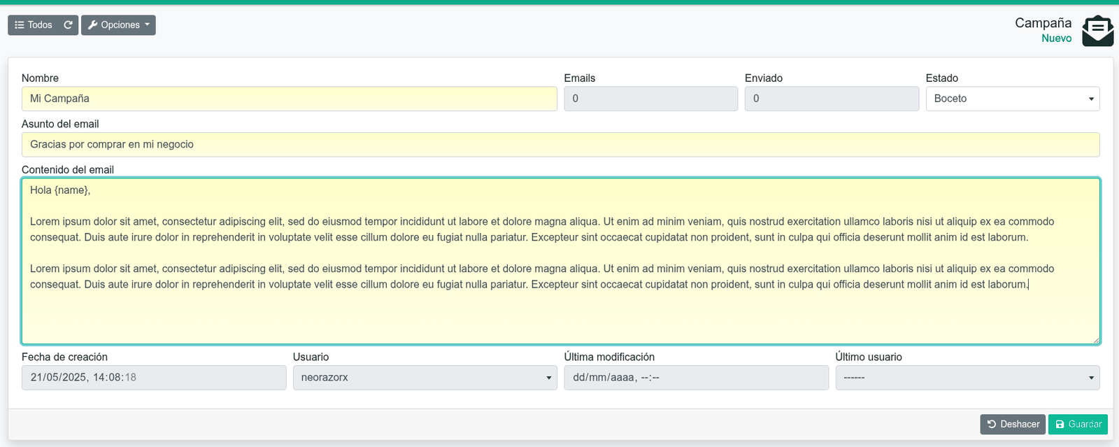 Botón de email en los listados