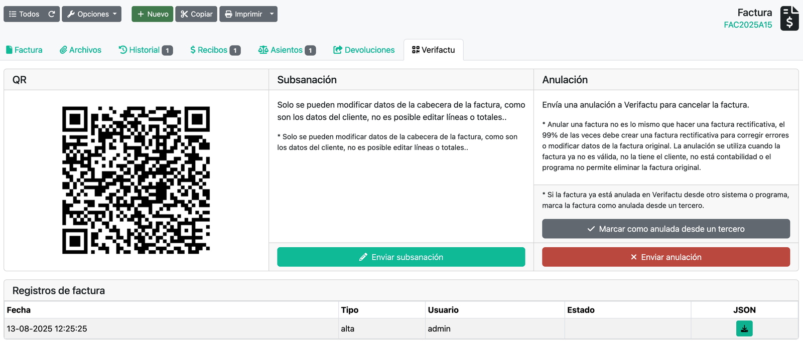 Cómo enviar una factura a Verifactu