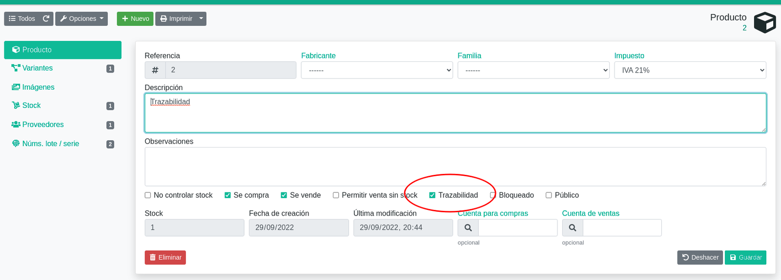 Activar la trazabilidad por producto
