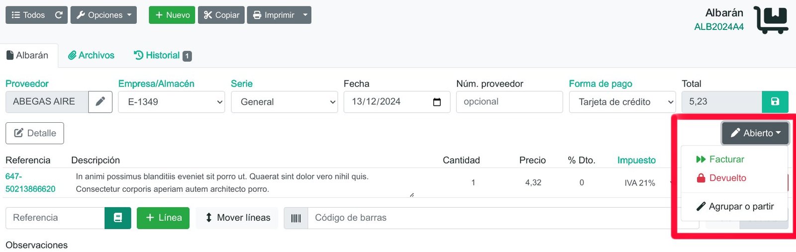 Cómo registrar un albarán de compra