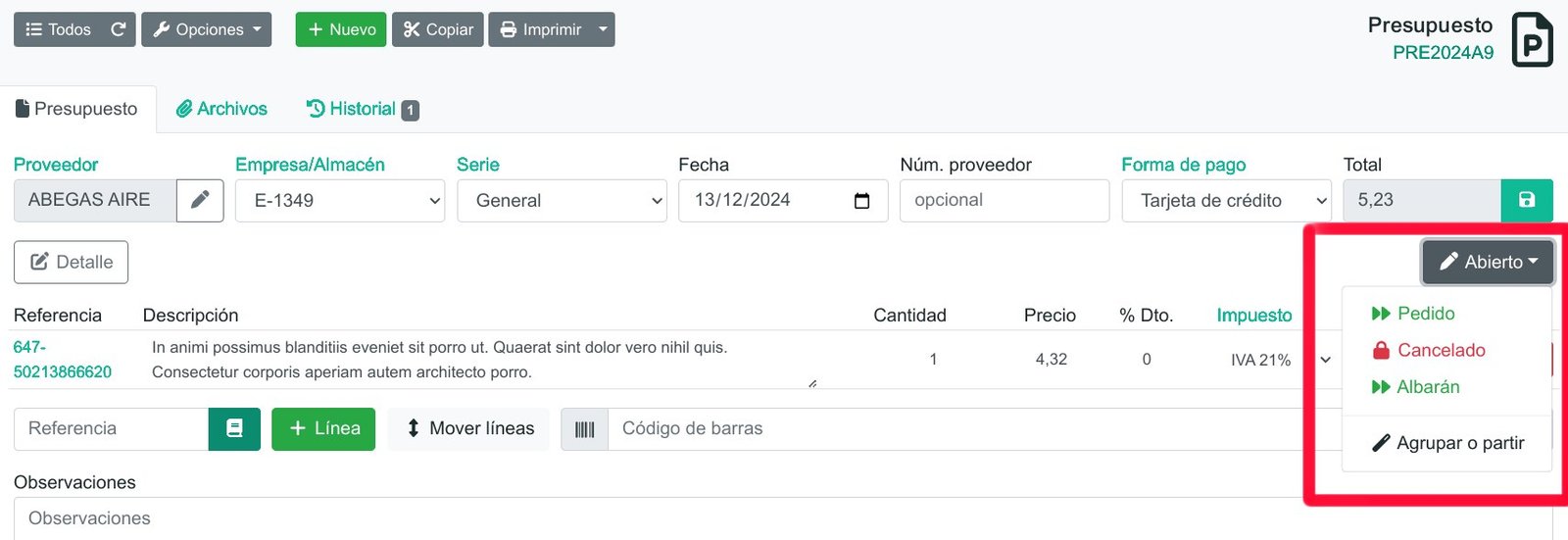 Cómo registrar un presupuesto de compra