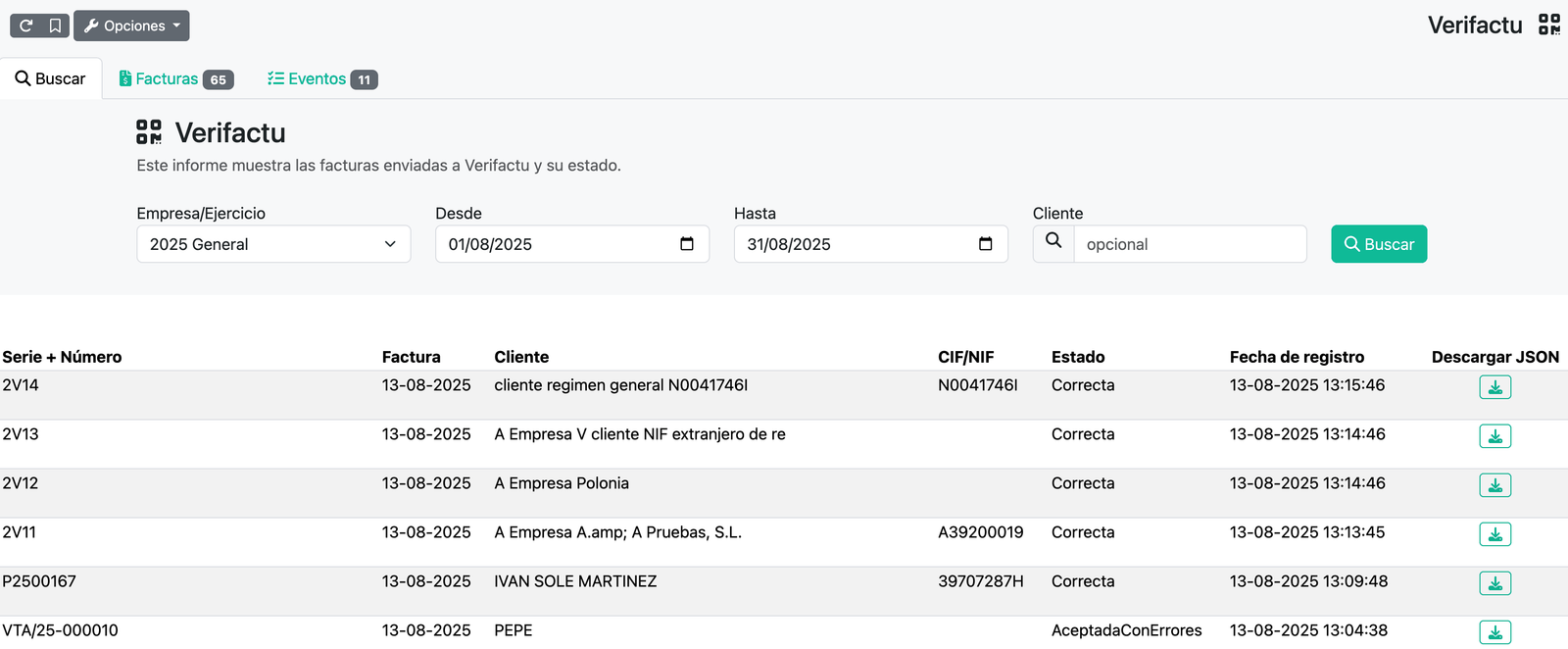Cómo ver informe de registros de facturas y eventos