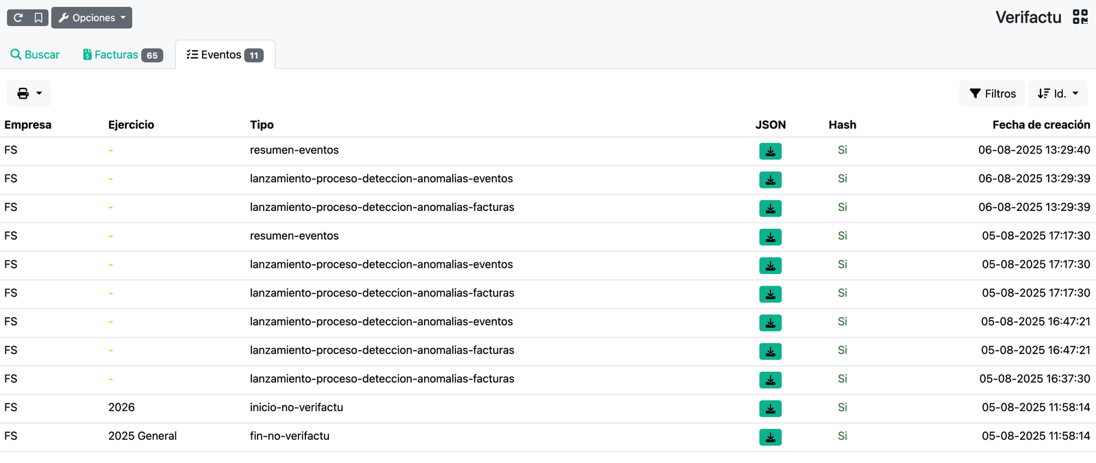 Cómo ver informe de registros de facturas y eventos