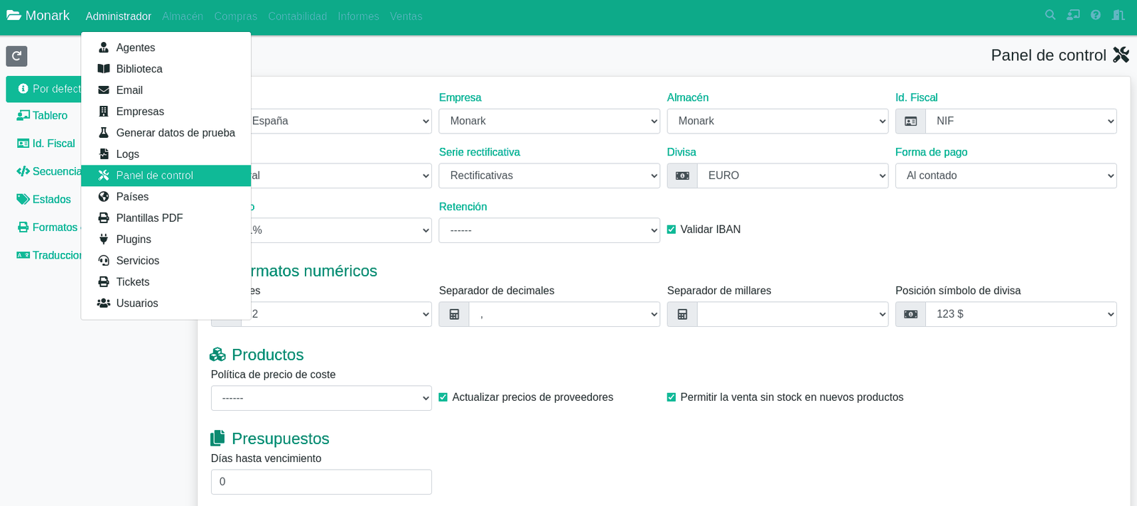 El panel de control
