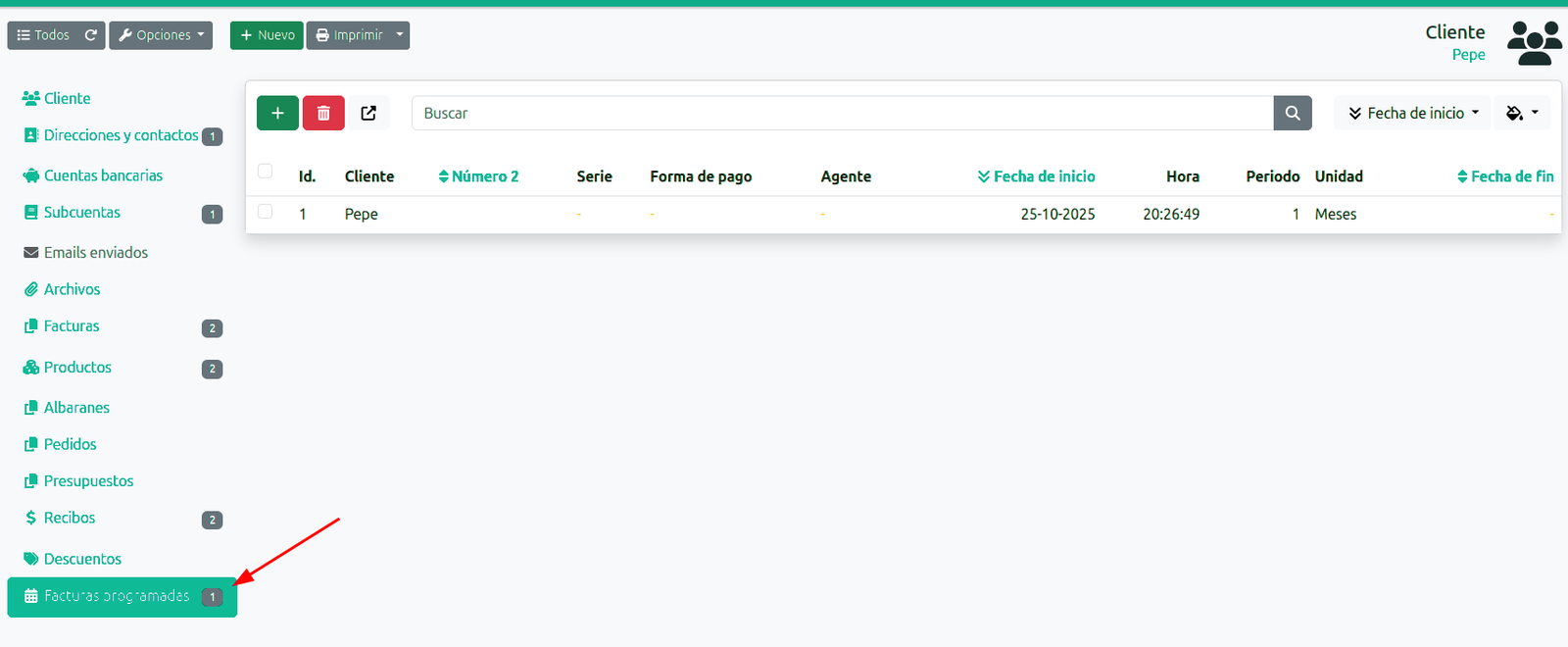Lista de facturas programadas
