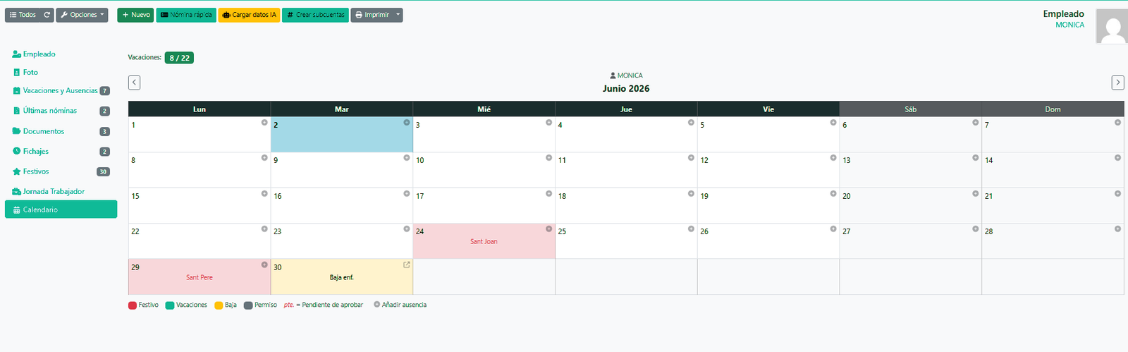 Calendario, festivos y ausencias